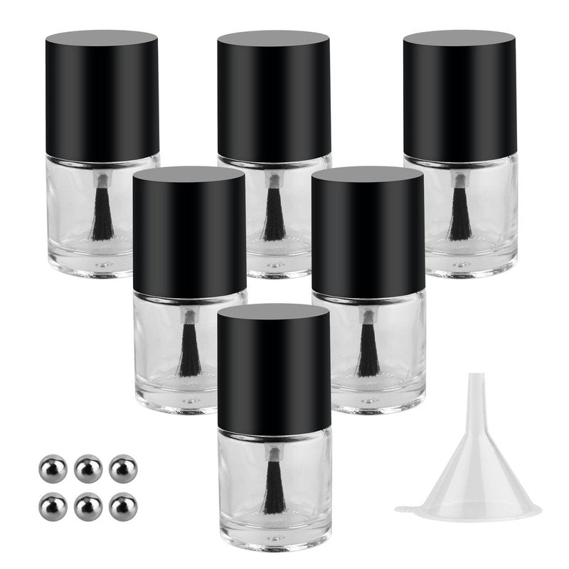 Empty Nail Polish Glass Bottles - 10ML 6PCS Set with Brush Cap, Funnel & Mixing Balls for Nail Art