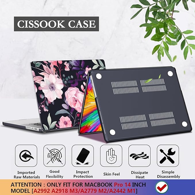 CISSOOK Compatible with MacBook Pro 14 inch Case M5 A3434 M4 A3112 A3185 A3401 M3 A2992 A2918 M2 A2779 M1 A2442 Chip 2026-2021 Release, Plastic Hard Shell for MacBook Pro 14.2, Pink Flowers