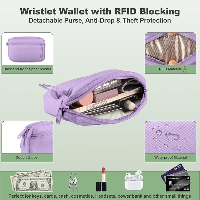 YFWE Clip and Go Strap for Phone with Wallet Crossbody, Adjustable Phone Lanyard with Detachable RFID Wristlet Wallet, Pattern Strap, Purple (M)