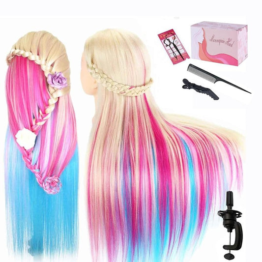 Colorful Mannequin Head - 29" Synthetic Hair Doll for Hair Styling & Braiding Practice | Professional Cosmetology Training Manikin with Clamp Stand