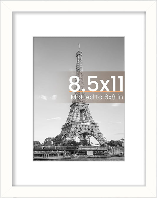 Upsimples Picture Frame - 8.5 x 11 Inch Display for 6x8 Photos with Mat | Elegant White, 1 Pack