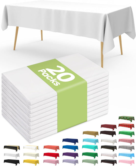 Pureegg Disposable Plastic Tablecloths - 20 Pack, 54 x 108 Inch, Sturdy & Leakproof for Parties, Weddings, Picnics | White