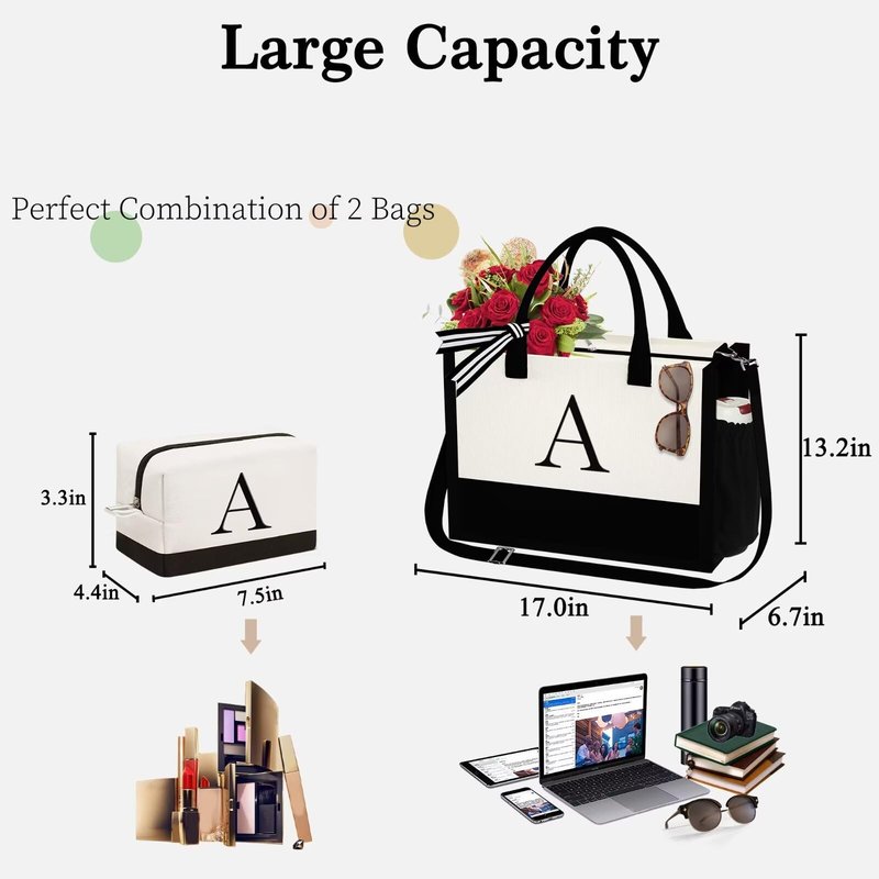 YOOLIFE Teacher Gifts for Women, Teacher Tote Bag, Initial Canvas Tote Bag & Makeup Bag, Letter T