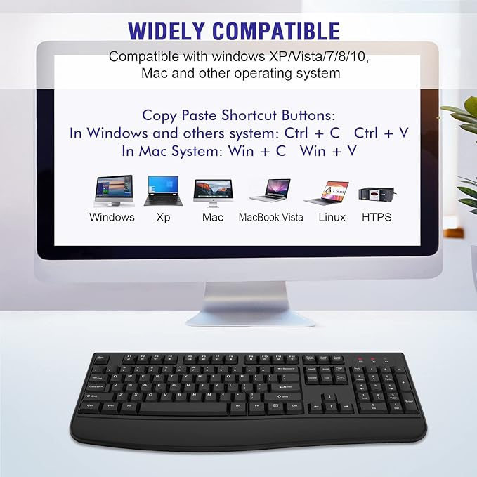QUASIO Wireless Keyboard, 2.4G Full-Sized Ergonomic Wireless Computer Keyboard with Wrist Rest for Windows, Mac OS Laptop/PC/Desktop/Notebook(Black)