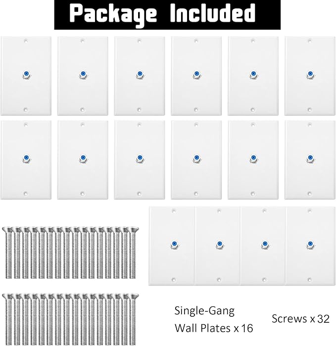 Weewooday 16 Pcs 1-Port TV Cable Wall Plate with F Connector Coax Wall Plate Video Jack Single Gang (Blue)