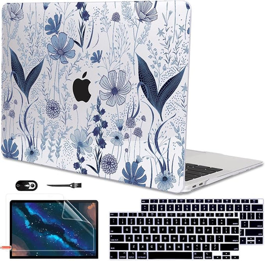 LCMOCICO Compatible with 2018 2019 2020 2021 MacBook Air 13 inch Case M1 A2337 A2179 A1932, Clear Printed Pattern Hard Shell Case & Keyboard Cover for Mac Air 13 M1 Touch ID, Navy Blue Wild Flowers