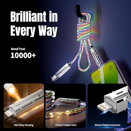 Jogrytece Travel Essentials,Dual Type-C 4 in 1 Multi Charging Cable,Universal Charging Cables for All Devices, Adapter with iPhone 17 16/15 Series/Phone/Tablet, (Multicolored,USBA+C to Type C+IP-66W)