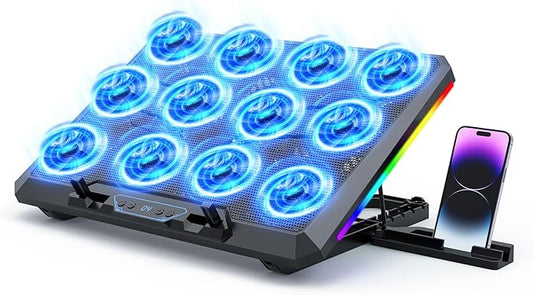Trullypine Laptop Cooling Pad with 12 Quiet Fans, Slim Portable for 12-17.3 Inch Laptop Cooler Stand, RGB Lighting, with 5 Height Adjustable, Gaming Cooling Fan Pad,Two USB Ports, Phone Holder (LCD)