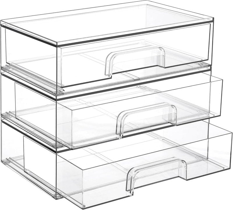 Vtopmart Clear Stackable Storage Drawers - 3 Pack Acrylic Organizers for Makeup & Beauty Supplies | Ideal for Vanity & Bathroom