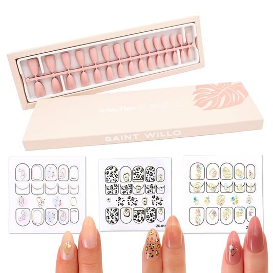WilloTips Nude Press On Nails – Medium Almond Soft Gel Nail Tips, 3 Nude Shades + 3 Nail Sticker Sheets, Pre-Colored & Pre-Etched, Natural Look, Fits Wide Nail Beds, UV or Glue Compatible, Saint Willo