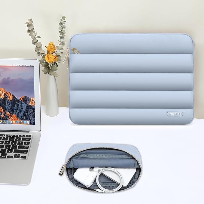 MOSISO Laptop Case 13.3 inch,13-13.3 inch Puffy Laptop Sleeve Compatible with MacBook Neo/Air 13.6 M5 M4 M3 M2 M1/Pro 13/14,HP Dell ASUS Lenovo,Polyester Horizontal Bag with Small Case, Baby Blue