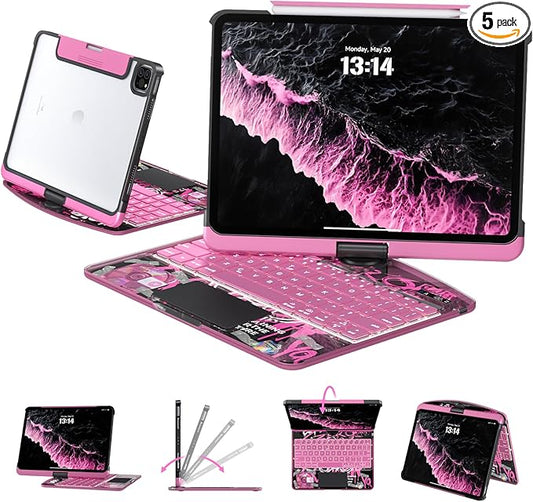 Transparent Case with Keyboard for iPad Air 13 Inch (M4/M3/M2, 2026/2025/2024), iPad Pro 12.9 Inch (6/5/4/3 Gen),7-Color Backlit,Magic wireless Keyboard, 360°Rotating,with trackpad,Pencil Holder,pink