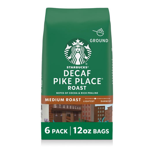Starbucks Ground Coffee, Medium Roast Hot or Iced Coffee, Decaf Pike Place Roast, Six 12 oz Bags