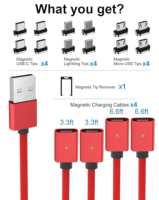 ZBF Magnetic Charging Cable 3A Fast Charging (4-Pack, 3.3/3.3/6.6/6.6 ft) 3 in 1 Magnetic Phone Charger, 480Mbps Data Transfer, USB A to Type C Charger Cable USB-C/Iproduct Micro USB Device (Deep Red)