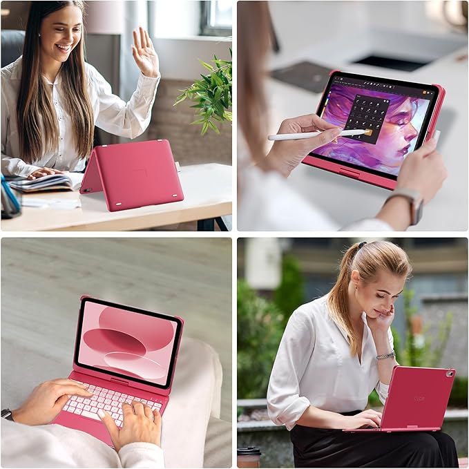 typecase Touch iPad 11th 10th Generation Case with Keyboard (11" 2025, A16 & 10.9" 2022) – 360° Rotatable, 11-Color Backlit, Multi-Touch Trackpad, Pencil Holder, Thin & Light – Pink