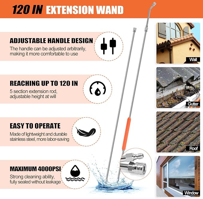 120" Gutter Cleaning Tools From the Ground, Pressure Washer Extension Wand with 5 Power Washer Nozzle Tips Replacement Pressure Washer Lance Wand with 30Â°/90Â°/120Â°Gutter Cleaner Attachment Curved Rods