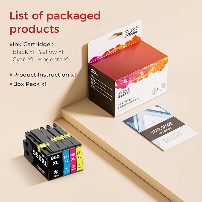 ejet 950XXL 951XXL Combo Replacement for HP 950 XXL 951 XXL Ink Cartridge Work for HP OfficeJet Pro 8600 8610 8620 8100 8630 8660 76DW 251DW (1 Black, 1 Cyan, 1 Magenta, 1 Yellow)