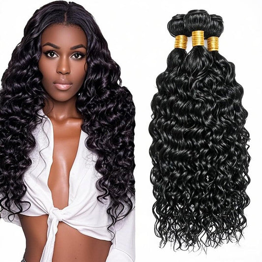 Water Wave Human Hair Bundles 16 18 20 Inch Deep Curly Bundles Human Hair Unprocessed Native Virgin Hair 100/PC 3 Extensions Natural Black Color 1B Wet and Wavy Human Hair Extensions for Women