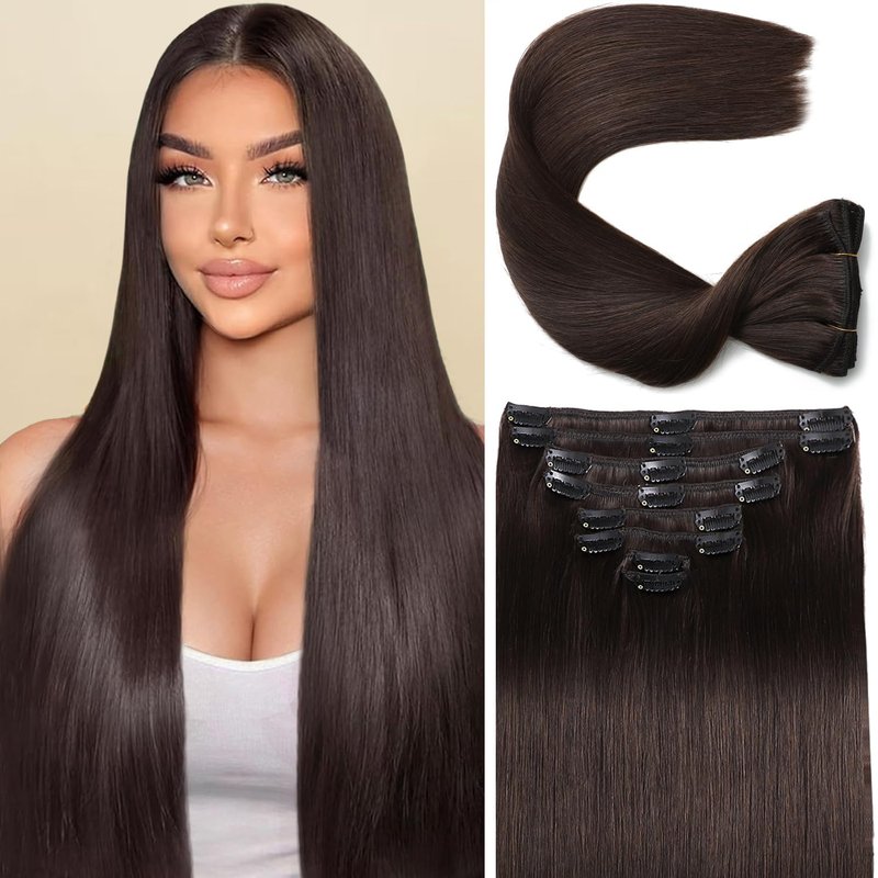 CWRDK Clip in Hair Extensions Real Human Hair,100% Brazilian Remy Human Hair Clip ins for Women, Straight Seamless Double Weft Hair Extensions, Invisible 8pcs, 14 Inch 80g, #2 Dark Brown
