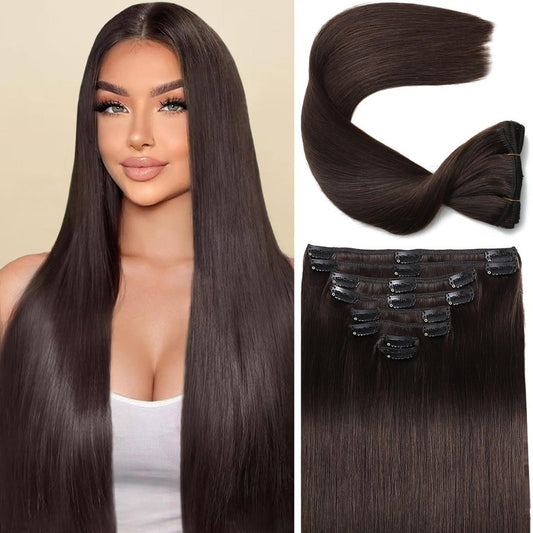 CWRDK Clip in Hair Extensions Real Human Hair,100% Brazilian Remy Human Hair Clip ins for Women, Straight Seamless Double Weft Hair Extensions, Invisible 8pcs, 14 Inch 80g, #2 Dark Brown