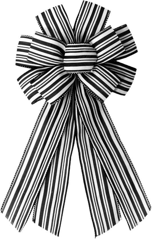 Skiennix Christmas Wreath Bows - White & Black Striped Burlap Ribbon Bowknot for Holiday Decor
