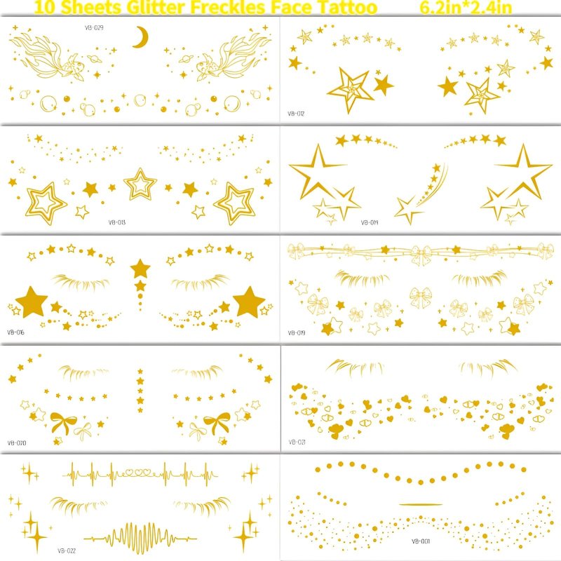10Pcs Gold Glitter Star Freckles Tattoo Sticker,Faux Freckle Patches Waterproof Temporary Tattoos Heart Design,Gold Glitter Freckles Face Tattoo,Cute Glitter Makeup Accessories for Women Girls