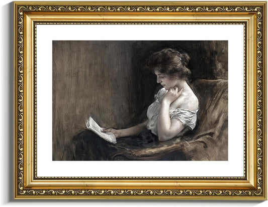 VIYYIEA Gold Framed Canvas Print - Vintage Woman Reading Portrait Art | Elegant Home Decor 11x14in
