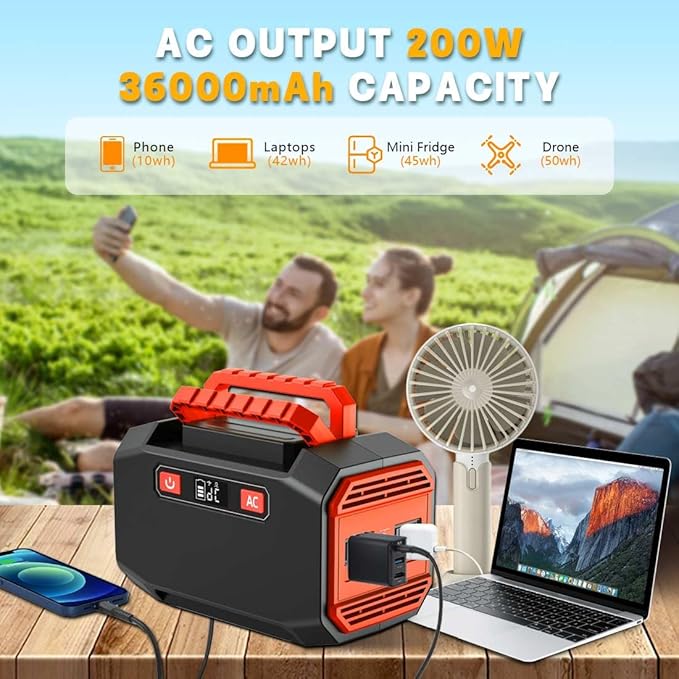 TIWKICH 200w Power Station, Portable Solar Generator 36000mAh/133Wh with 110v AC Outlet, Lithium Battery Backup Supply Pack (solar panel not included) with LED Light, for Outdoor Camping Home