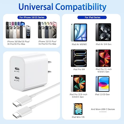 iPhone 17 Charger,2Pack Dual USB C Port Fast Wall Chargers Block with 3FT USB C to C Charger Fast Charging Cable Cord for iPhone 17/17 Pro Max/17 Pro/16 Pro Max/16 Plus/16E/15 Pro/15/iPad Pro/Air/Mini
