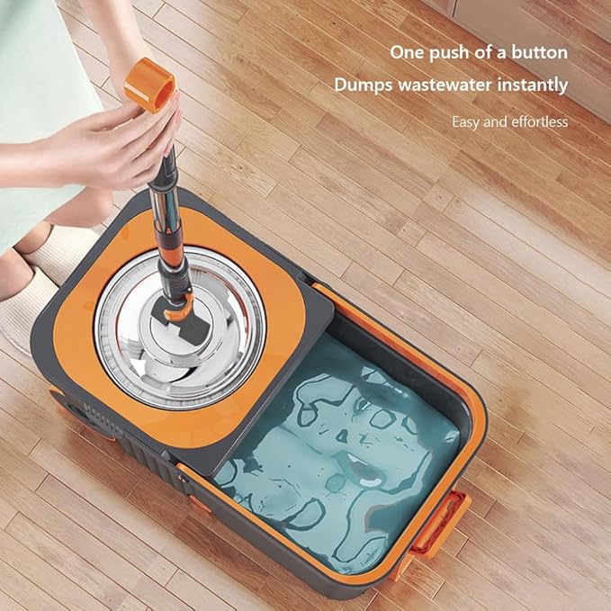 360 Spinning Floor Cleaning System with 6 Extra Refills Heads Extended Handle Household Cleaning Automatic Cleaning with Bucket for Household Floor Cleaning (Grey Orange)