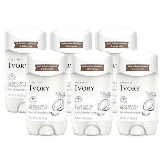 Ivory Aluminum-Free Coconut Deodorant - 24-Hour Gentle Formula, Baking Soda & Paraben Free | 2.4oz (Pack of 6)