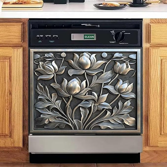 Dishwasher Magnet Cover Stainless Steel Look Flower Dishwasher Front Panel Decorative, Magnetic Appliance Cover Kitchen Decor Home Refrigerator Magnets Sticker 23" W x 17" H