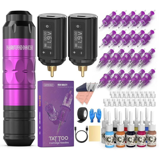 Wormhole Tattoo Gun Tattoo Kit with Wireless Tattoo Machine, 2PCS 1,200mAh Capacity Tattoo Batteries, 20 Cartridge Needles with Finger Ledge, Ink Color Set for Artists-Purple WTK293