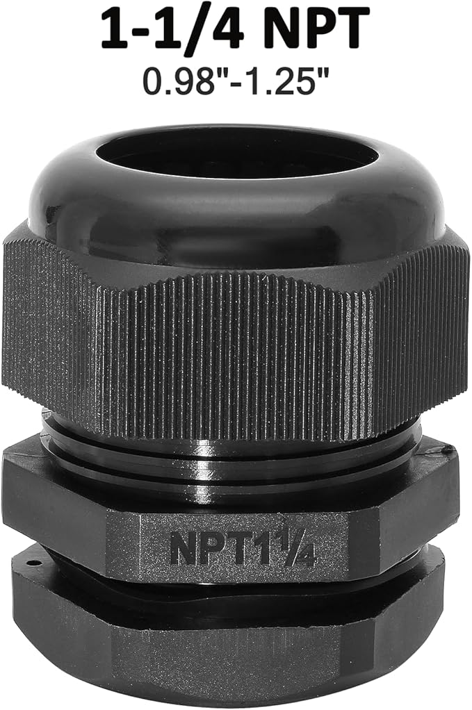 Bonsicoky 1-1/4" NPT Nylon Cable Glands, IP68 Waterproof Adjustable Cord Grip Cable Connector Strain Relief Wire Protectors for 25-32mm Cable Diameter, 2 Pcs, Black