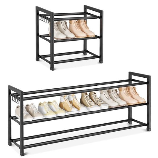 VGOBLO Expandable Shoe Rack - 18.5''- 47'' Adjustable Shoe Rack for Closet, 3 Tier Long Shoe Shelf Storage for 18 Pairs Shoe and Boot, Sturdy Metal Shoe Organizer for Entryway, Garage, Black