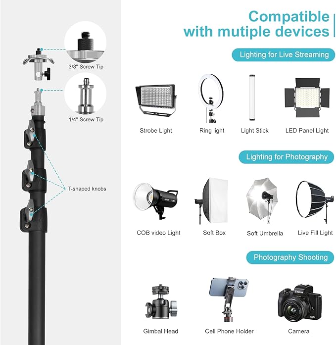 20FT Heavy Duty Tripod Stand with Rope, Spring-Assisted Telescoping Aluminum, 1/4" & 3/8" Screws, Portable for Sports & Outdoor Shooting