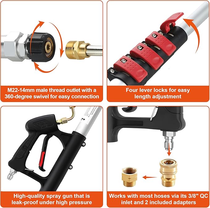 Telescoping Pressure Washer Wand 24 ft Power Washer Extension Wand Aluminum Pressure Washer Extension Wand 24 Feet with Brush Head, Gutter Cleaner, 7 Spray Nozzle Tips, 2 Hose Adapters, Support Belt