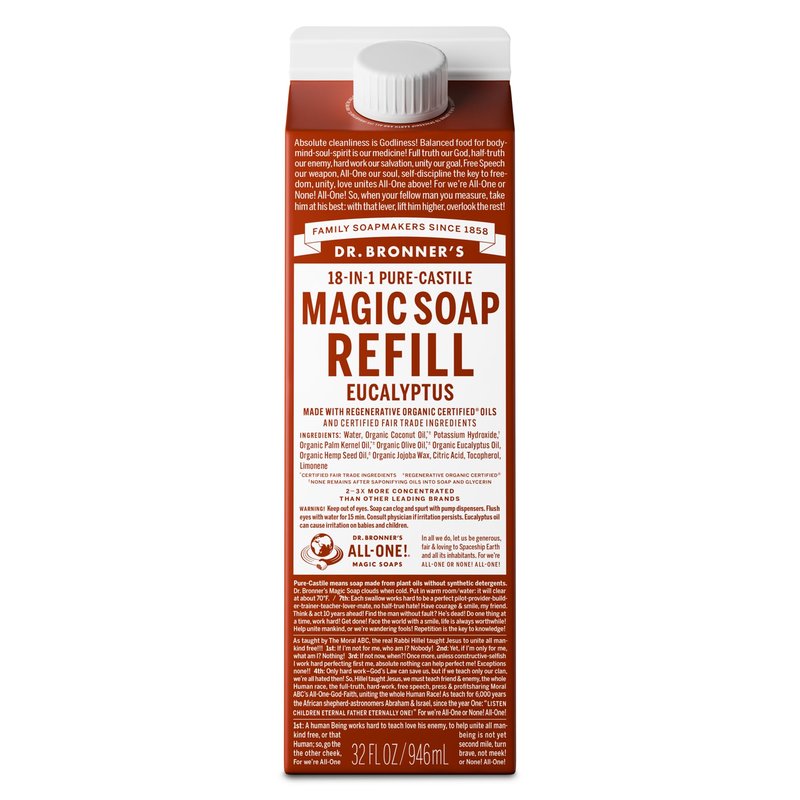 Dr. Bronner's Magic Soap-Pure-Castile Liquid Refill (Eucalyptus, 32 ounce, 1-Pack) - Regenerative Organic Certified Oils, For Body, Hair, Laundry, Pets & Dishes, Concentrated, Vegan, Non-GMO