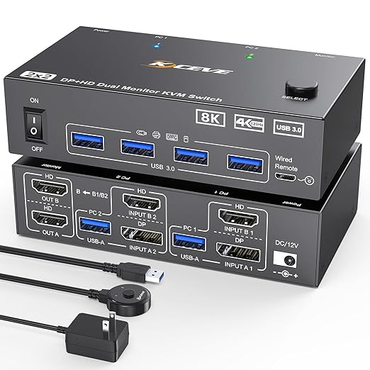 KVM Switch 2 Monitors 2 Computers 8K@60Hz/4K@144Hz, HDMI Displayport KVM Switches for 2 PC Sharing Dual Monitor and Keyboard Mouse with Power Adapter, Wired Extend Controller and USB3.0