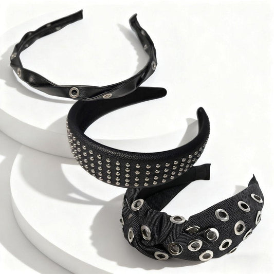 FANSSYA 3-Piece Black Punk Headband Set for Women | Braided Faux Leather, Studded & Denim Knotted Hairbands | Y2K Gothic Grunge Hair Accessories Collection