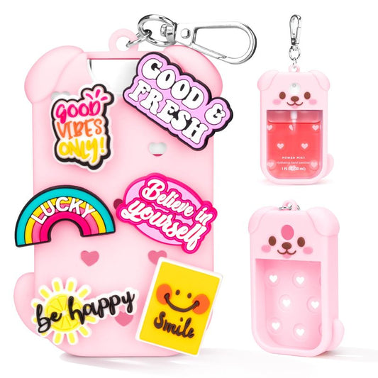 Metyond Dog Silicone Case for Touchland Hand Sanitizer Spray Power Mist 1 FL OZ/30ML for Touchland Case with Keychain, with Cute Charms Accessory Cute Travel Case (1PCS Pink)
