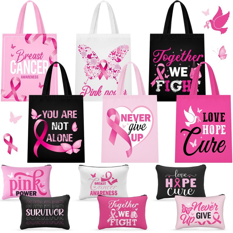 Blosssound 12 Pcs Gift for Women Canvas Tote Bag Cosmetic Makeup Bag(Breast Cancer)