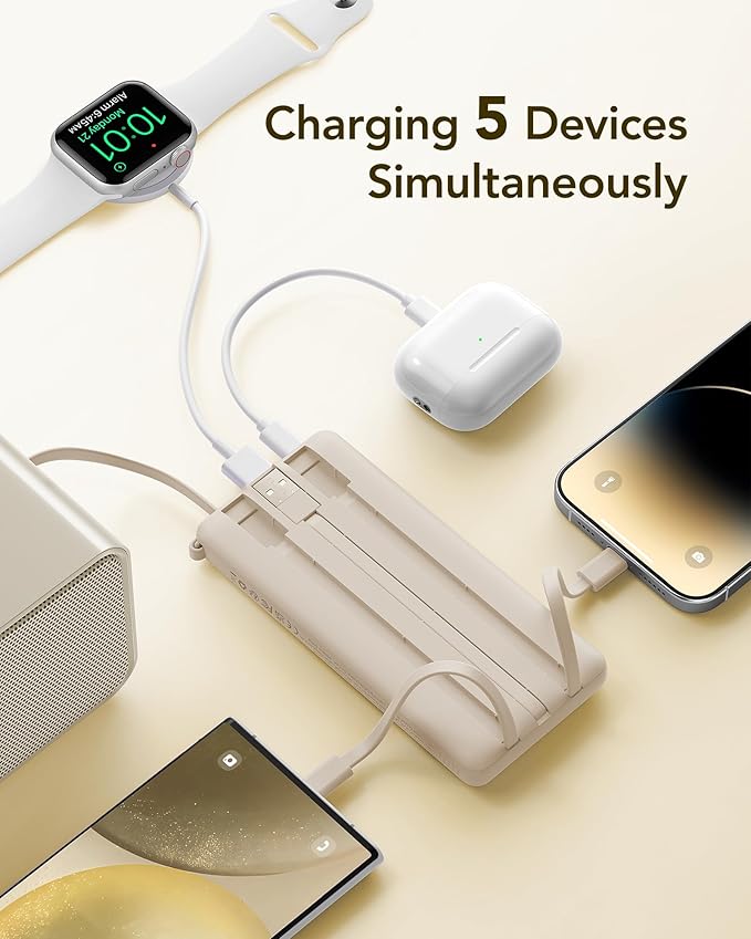 VRURC Portable Charger Power Bank,10000mAh Travel Essentials Battery Pack, 5 Outputs 2 Inputs Slim USB C Charging Bank Built-in 4 Cables for All Cell Phones, Samsung,Android-Light Coffee(1 Pack)
