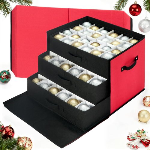 Inin Christmas Ornament Storage Box - Stackable Organizer with Adjustable Dividers | Holds 72 Balls, Red