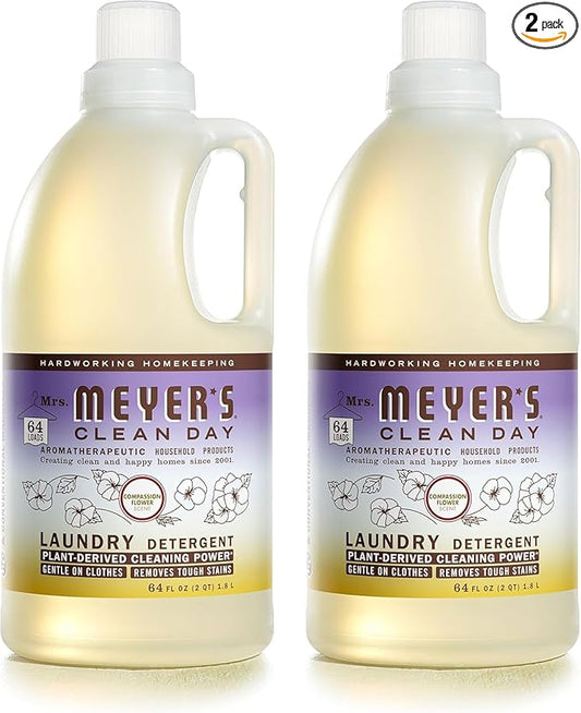 MRS. MEYER'S CLEAN DAY Liquid Laundry Detergent, Infused with Essential Oils, Compassion Flower, 64 oz - Pack of 2 (128 Loads)