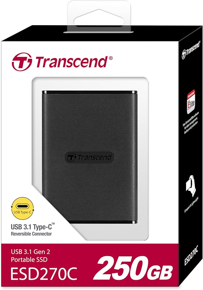 Transcend ESD270 250GB External SSD for iPhone16/15/iPad/Mac/Windows/Android, PC/Laptop/Tablet/TV/Game Console, Portable SSD with One Touch Back up, One-Time Password Unlock, Type A &Type C Cables