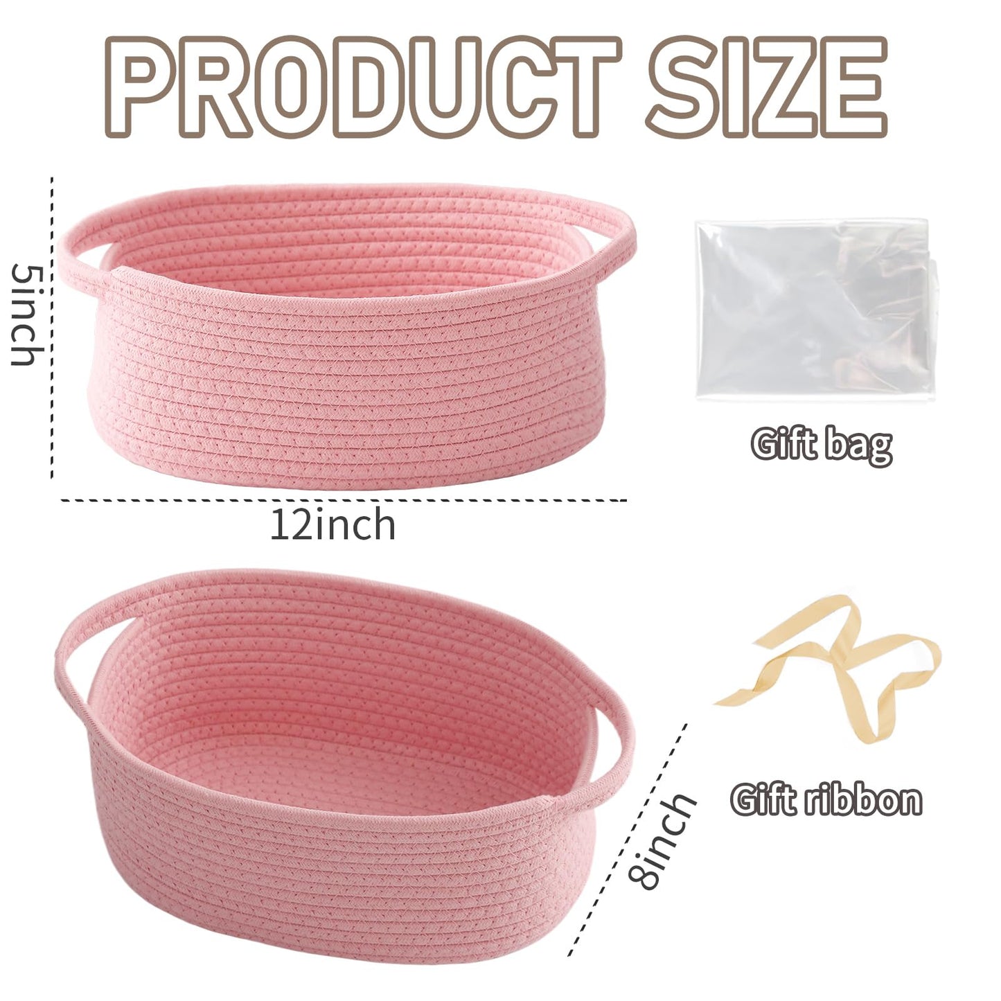 JMvicyroam Woven Basket,Small Rope Storage Bin with Handles & Ribbon Bag, Organizer for Shelves Closets,Gift Basket Empty for Birthday,Books,Dog Toys, Pink/2 Pack