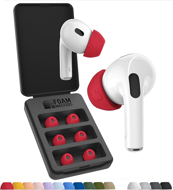 Foam Masters Ultra-Premium Memory Foam Ear Tips for AirPods Pro 1st & 2nd Gen | 3 Pairs | New Ver. | Secure Fit | Super Comfort | Better Noise Cancel | Replacement Buds (Medium, Red)