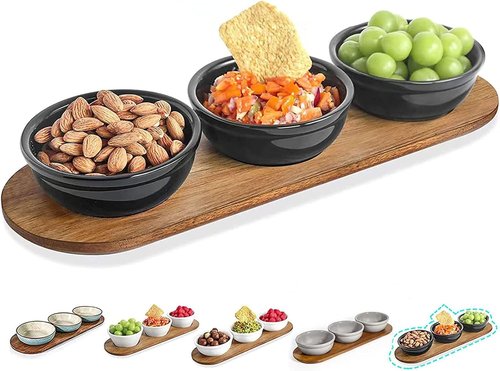 Artena Chip and Dip Serving Set - 12 oz Solid Ceramic with Acacia Tray & Black Dipping Bowls