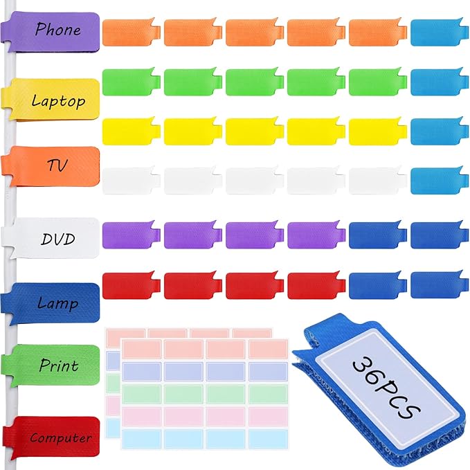 36-Pack Large Cable Labels with 40 Write-On Stickers, Reusable 8-Color Wire Tags for Electronics, Cord ID & Cable Management for Home Office, PC Network - Rectangle
